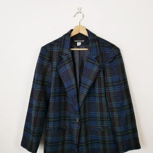 Vintage 90s Blue Plaid Boxy Blazer/Women&#39;s Tailored Jacket