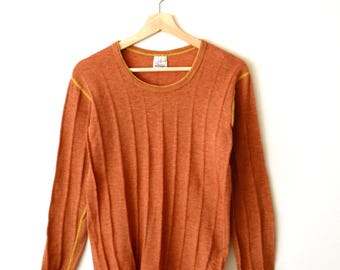 Haut à manches longues en mélange d'acrylique orange vintage des années 1970