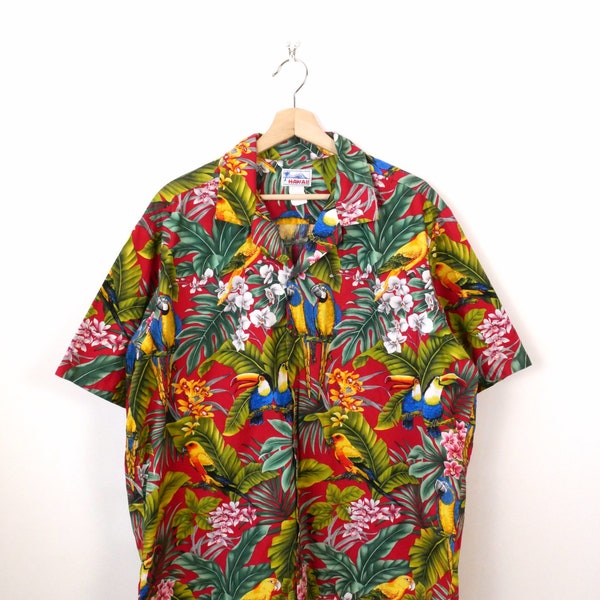 Vintage Botanical/Perrot pattern Cotton Hawaiian Shirt/Aloha Shirt/Red