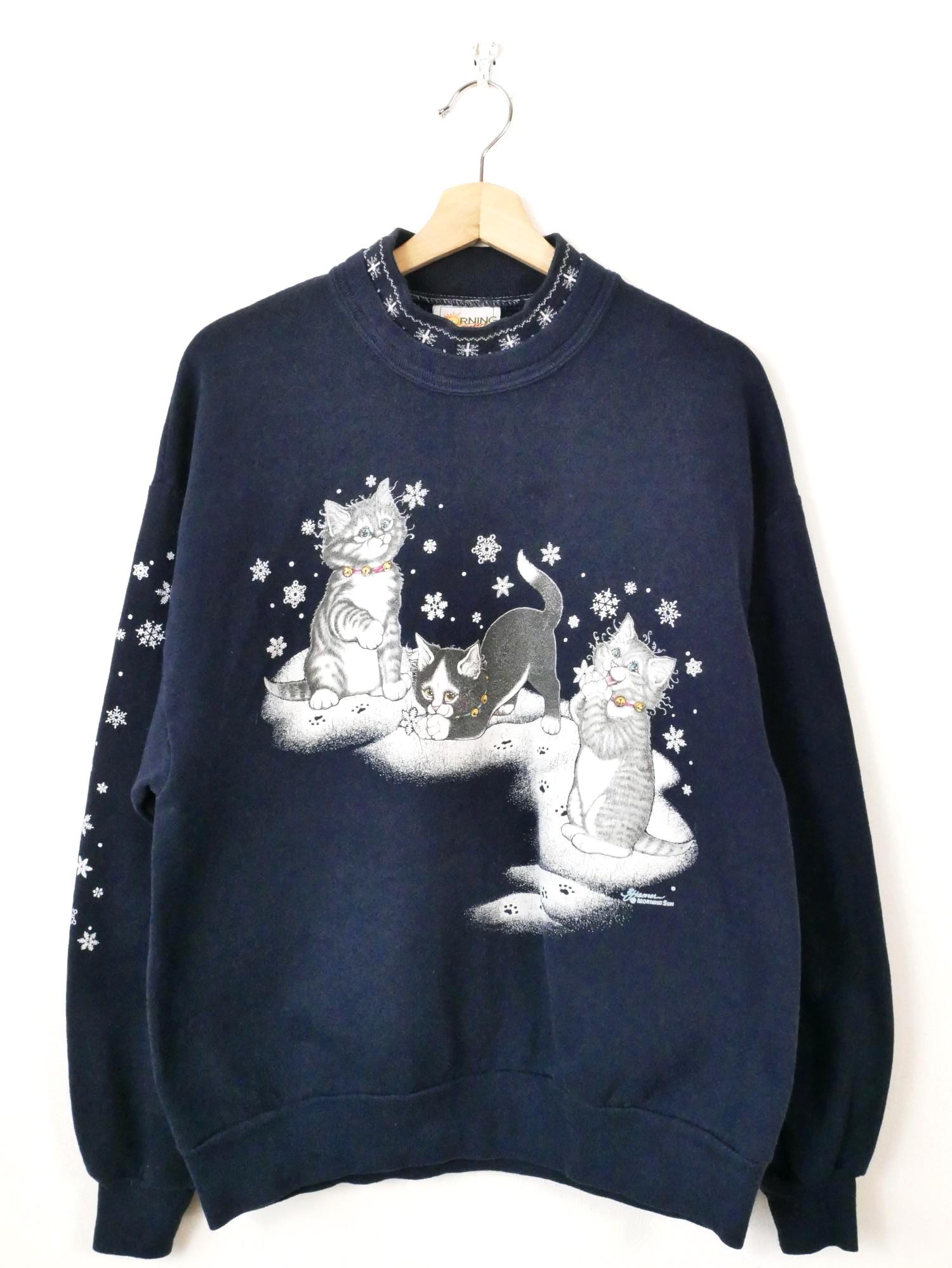 80's MORNING SUN  キャット柄　二枚襟　モックネック　トレーナー Vintage 1990s Morning Sun Kitten Sweatshirt Navy Blue Cat Print