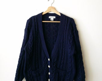 Vintage Navy Blue Cable knitted Acrylic Sweater Cardigan/Women's Jumper/Minimal Sweater