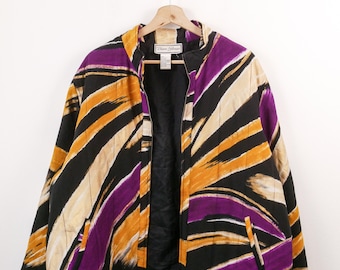 Vintage 90s Abstract Print Silk Bomber Jacket Women's Zip Up Windbreaker