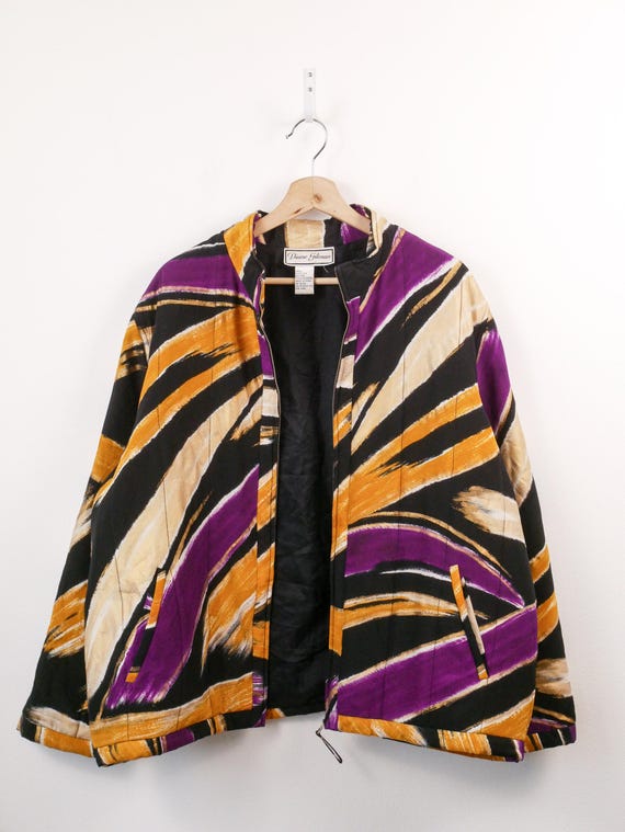 Vintage 90s Abstract Print Silk Bomber Jacket Women's Zip Up Windbreaker