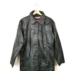 Women&#39;s Black Leather Patchwork Button down Jacket - Size L