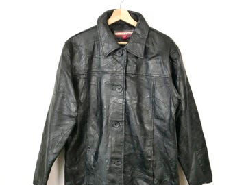 Vintage Women’s Black Patchwork Button Front Leather Jacket