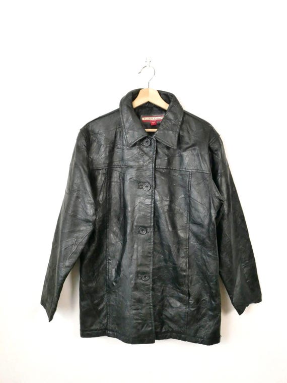 Women's Black Leather Patchwork Button down Jacke… - image 1