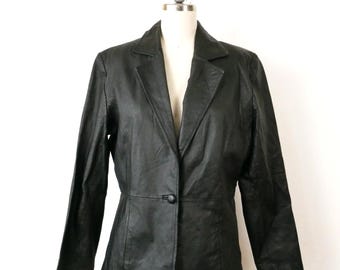 Vintage 90s Women's Black Leather Blazer/Leather Tailored Jacket