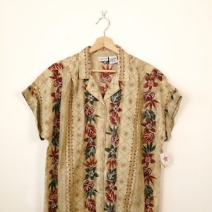 Unwor-Vintage Beige/Floral Short sleeve Blouse/Women's Hawaiian Shirt