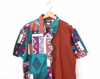 Vintage Southwestern/Tribal Pattern Short Sleeve Cotton Blouse/Women's Shirt