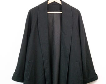 Vintage Black Wool Open Front Shawl Collar Minimalist Jacket