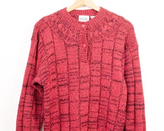 Vintage 90s Sterling Harris Textured Knit Sweater Red Henley Pullover