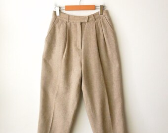 Vintage Sand Beige High waisted tapered Pleated Wool Pants/Minimal Pants/W26