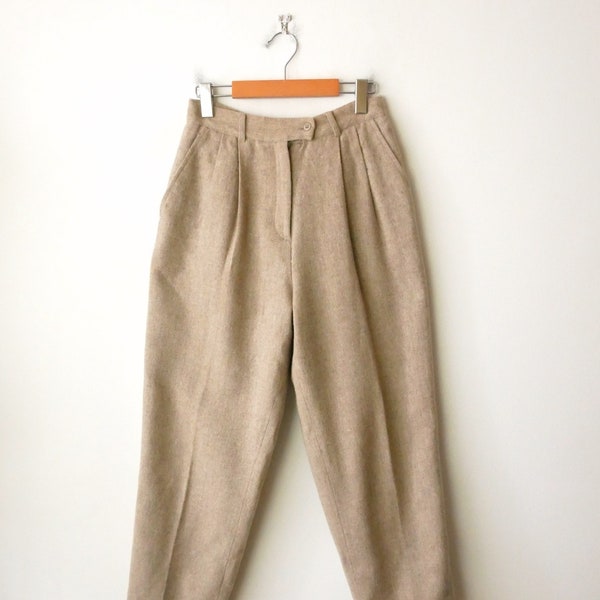 Vintage Sand Beige High waisted tapered Pleated Wool Pants/Minimal Pants/W26