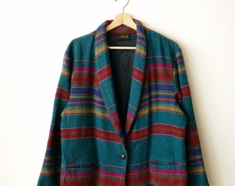 Vintage Teal Blue/Multicolor Striped Boxy Blazer/Women's Jacket