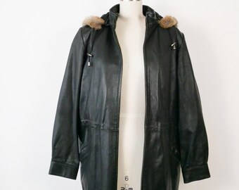 Abrigo vintage para mujer, negro, de piel suave con capucha y cordón ajustable.