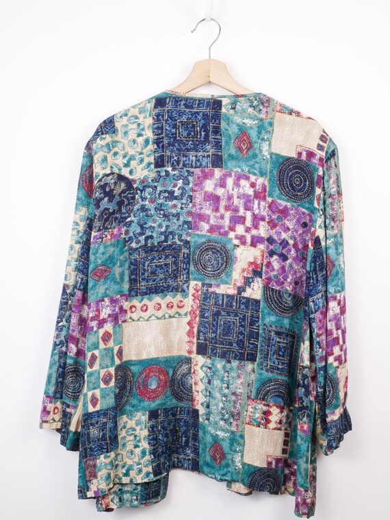 90s Women's Abstract Patchwork Print Open Front J… - image 5