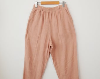 Vintage Salmon Pink Linen Blend Elastic Waist Tapered Pants/Relaxed Pants/W26-34