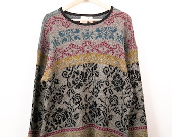 Vintage M.J. Carroll Tapestry Knit Sweater Baroque Scroll Pullover