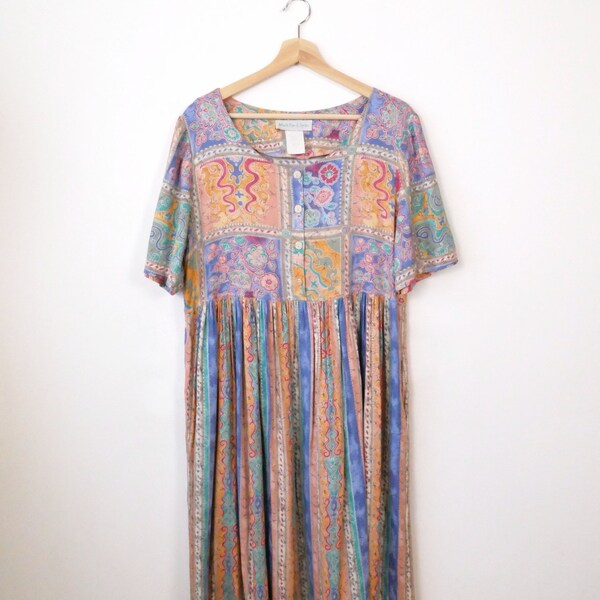 Vintage Floral/Abstract Short Sleeve Relaxed Dress/Rayon Midi Dress