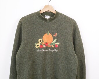 90s BonWorth Women's Khaki Green Cropped Floral Embroidered Sweatshirt