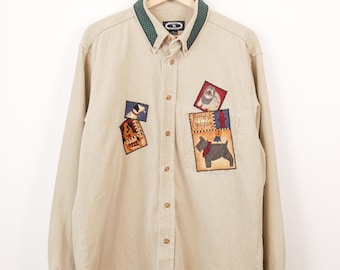 Chemise boutonnée avec appliques chien Three Rivers des années 90, coton fidèle compagnon
