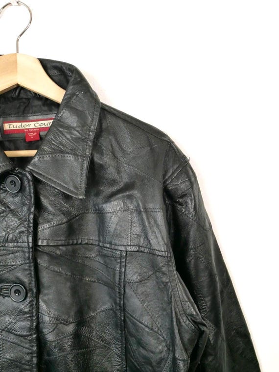 Women's Black Leather Patchwork Button down Jacke… - image 4