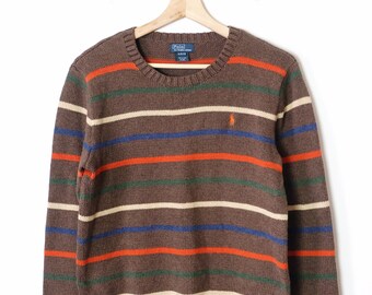 Polo Ralph Lauren Brown x Multicolor Stripe Crewneck Cotton blends Sweater/Jumper/Youth XL