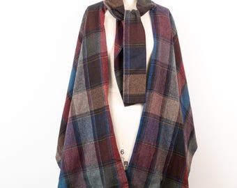 Vintage 70s Plaid Oversized Blanket Scarf Shawl Wrap Cape Tartan Winter Scarf