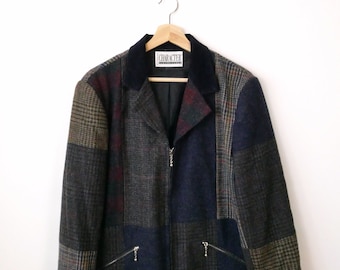 Vintage Plaid Color blocked  Wool Zip up Tailored Jacket/Women's Boxy Blazer