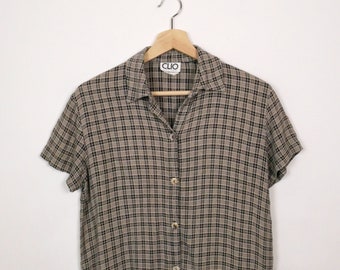 Vintage Beige/Black Check Short Sleeve Blouse/Women's Shirt