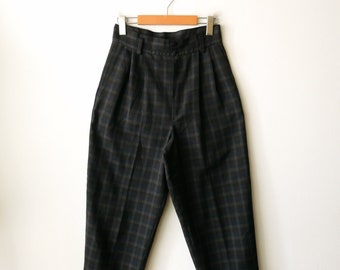 Vintage Women's Gray/Brown/Dark Blue Plaid High waisted Pleated Pants/Check Slacks/W26