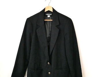 Vintage effen zwarte boxy blazer/wollen damesjas uit de jaren 90