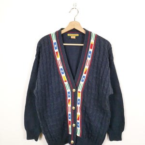 90s Vintage Navy Blue Nautical Flag Knit Cardigan Sweater