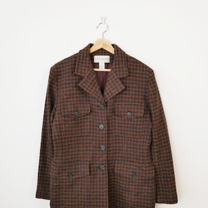 Vintage Evan Picone 90s Women&#39;s Grey/Orange Plaid Wool Jacket/Blazer