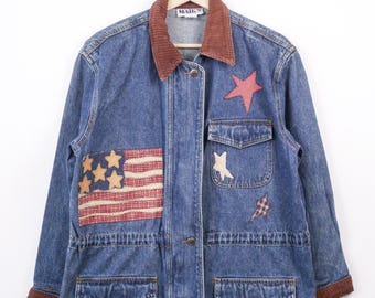 womens denim chore jacket american flag patch corduroy collar vintage jacket