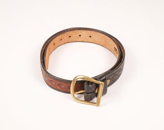 Vintage Western Leather Belt Tooled Studded Concho Belt Brown Leather