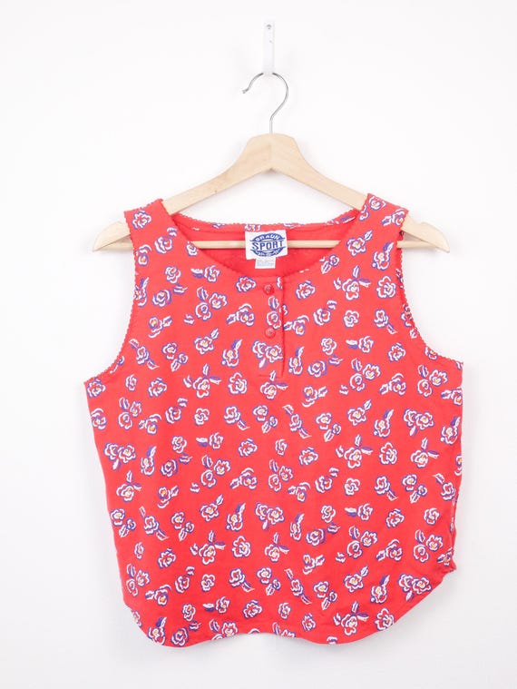 90s Women's Red Floral Sleeveless Top Lightweight Summer Blouse