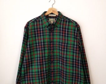 L.L.Bean Green/Red/Navy plaid/checked Cotton Flannel Shirt/Men's M