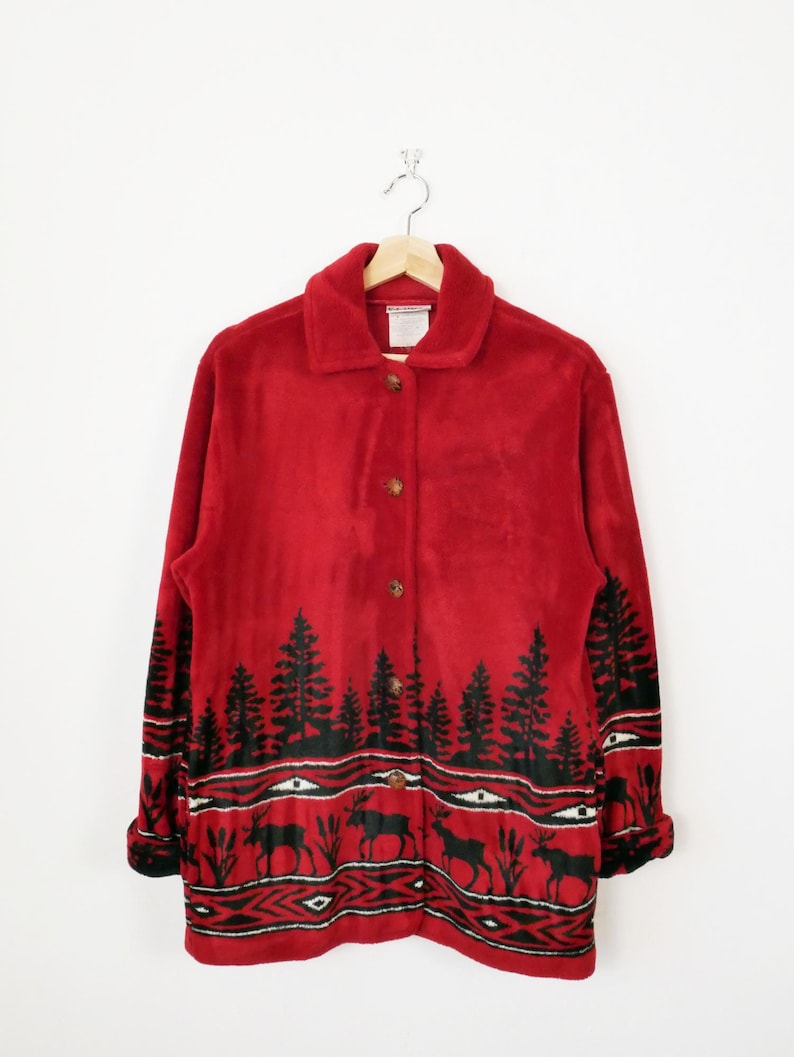 Chaqueta polar extragrande de alce rojo para mujer de Robert Kitchen Canadá, años 90 imagen 1
