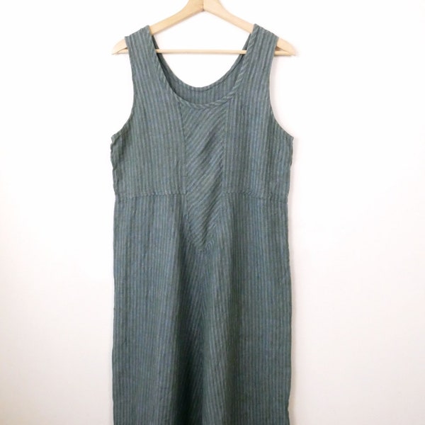 FLAX by jeanne engelhart Blue/Grayish Green Stripe Linen Sleeveless Dress/Relaxed Dress