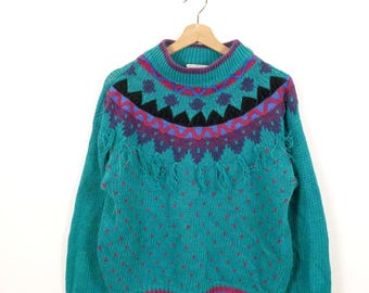 Vintage 80s Teal knit Fair isle Fringed Cotton Sweater