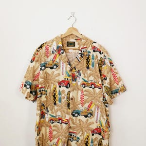 Vintage Tan Surfboard Tiki Woody Palms Short Sleeve Hawaiian Shirt/Aloha Shirt
