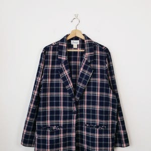Vintage 90s Women's Navy Blue Plaid Lightweight Blazer Jacket