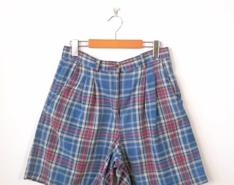 Vintage Blue/Red Check High waisted Cotton Pleated Shorts/W30-32