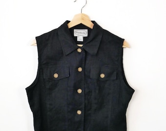 90s Stonebridge Women's black linen button front vest top