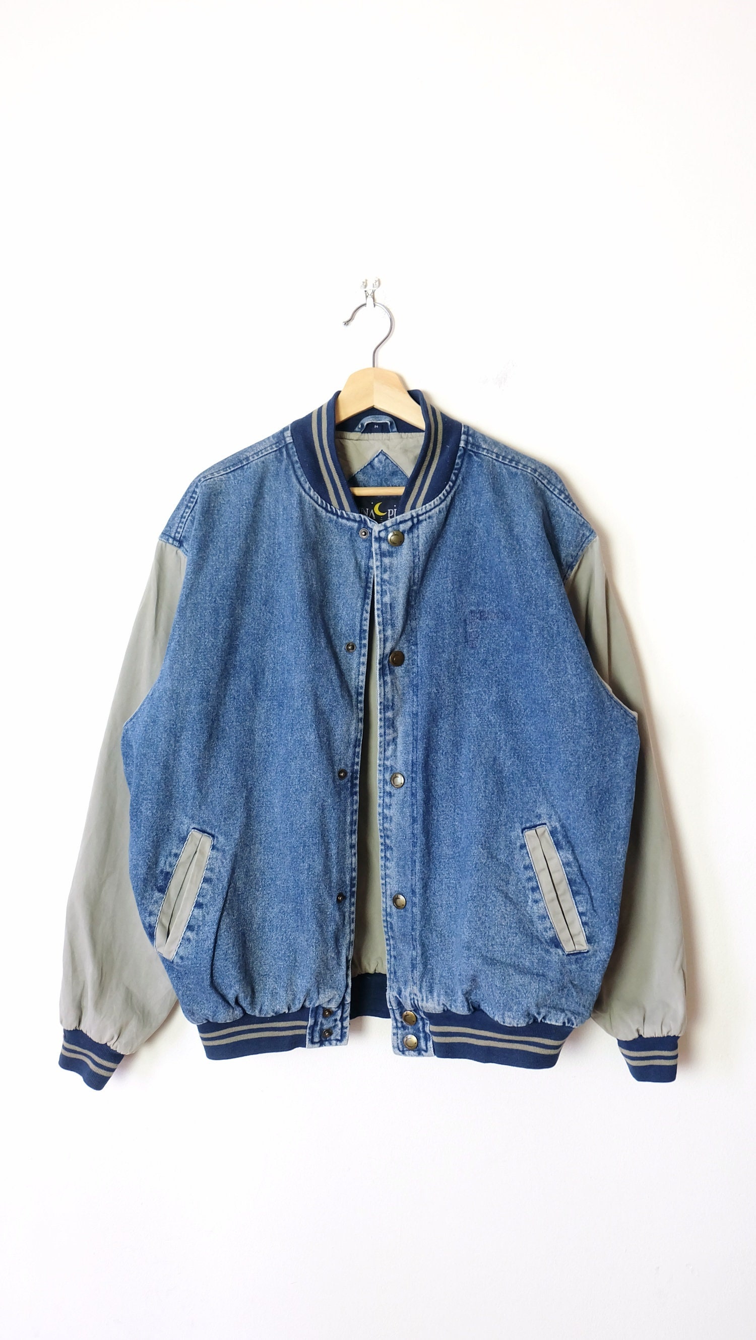 Denim varsity jacket clearance with khaki sleeves