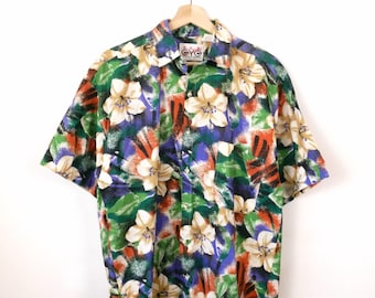 90s Vintage Men's Hawaiian Hibiscus Floral Short Sleeve Shirt