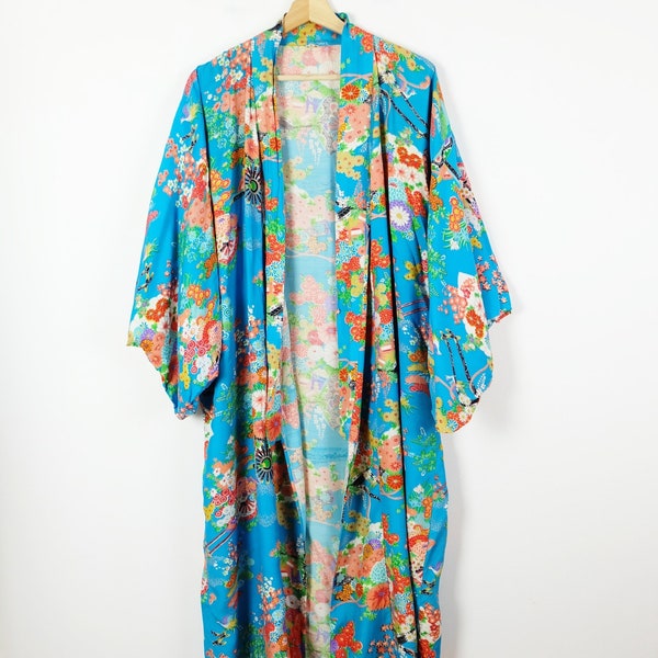 Vintage Blue/Sky Blue x Floral/Tree print Japanese Kimono