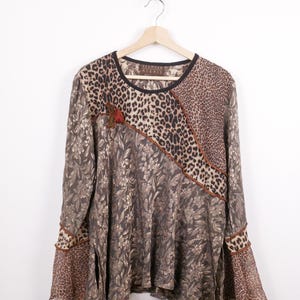 Vintage 90s Spencer Alexis Women's Brown Floral Leopard Sheer Blouse Top