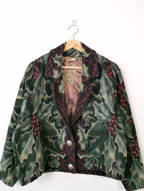 90s Painted Pony Christmas Holly Tapestry Jacket Woven Holiday